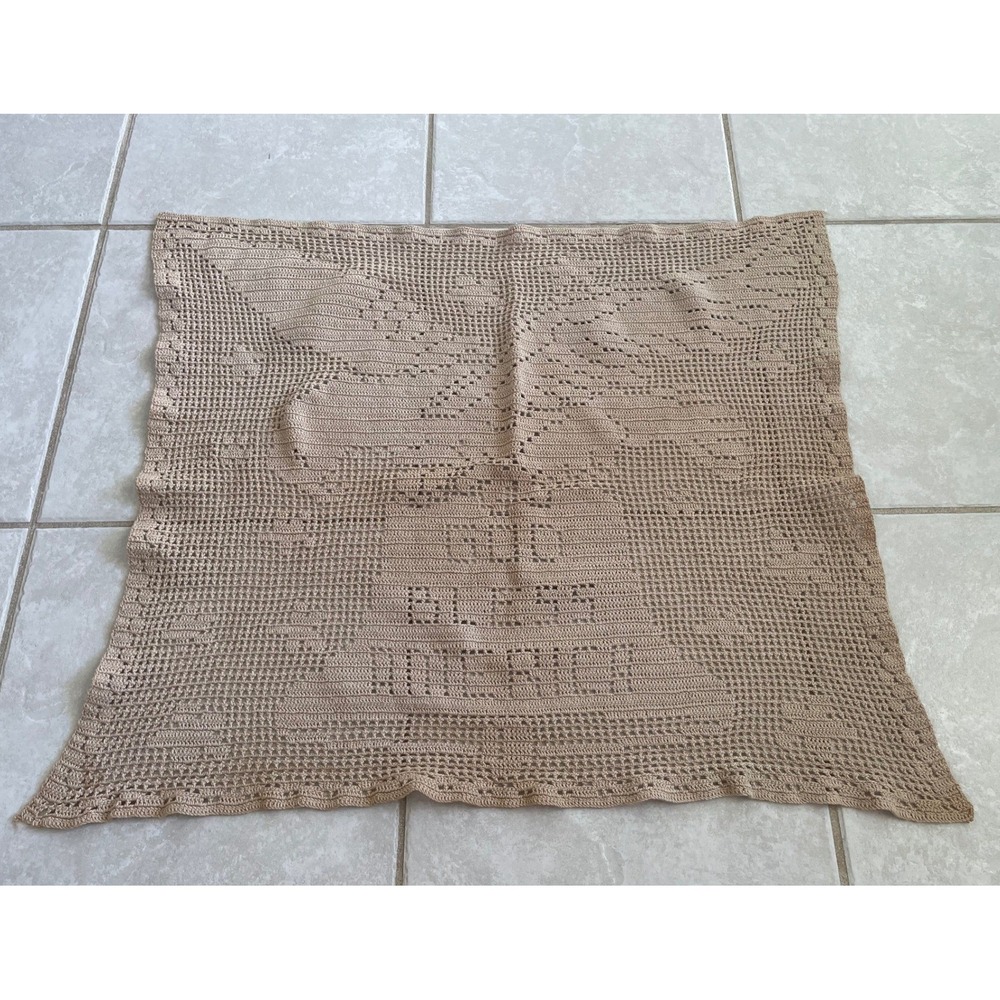 Vintage God Bless America Filet Crochet Wall Hanging Eagle Patriotic Beige 26x22